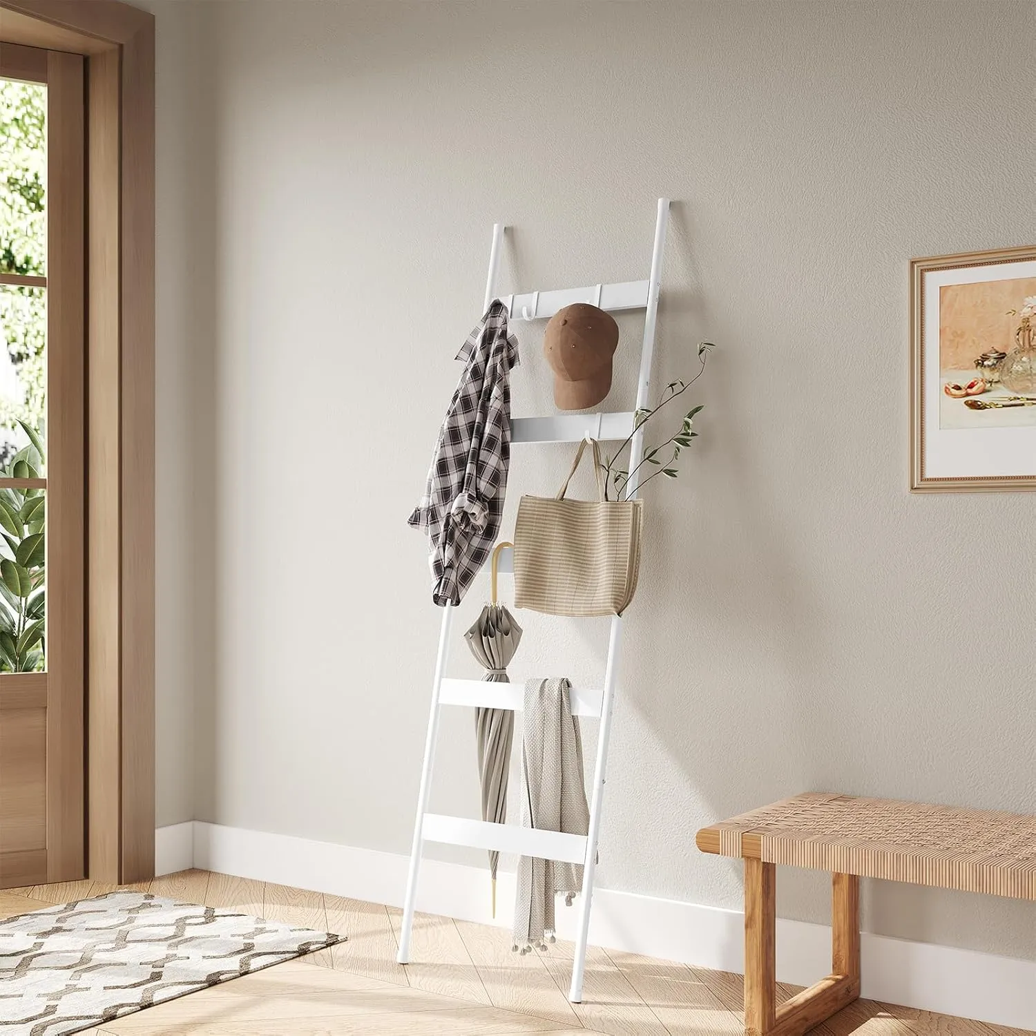 ELYKEN Blanket Ladder for Living Room, Farmhouse 5 -Tier Quilt Holder with 4 Removable Hooks for Bathroom, Wood Towel Rack Display, Wall Anchor Leaning Decorative Stand for Home Decor, White
