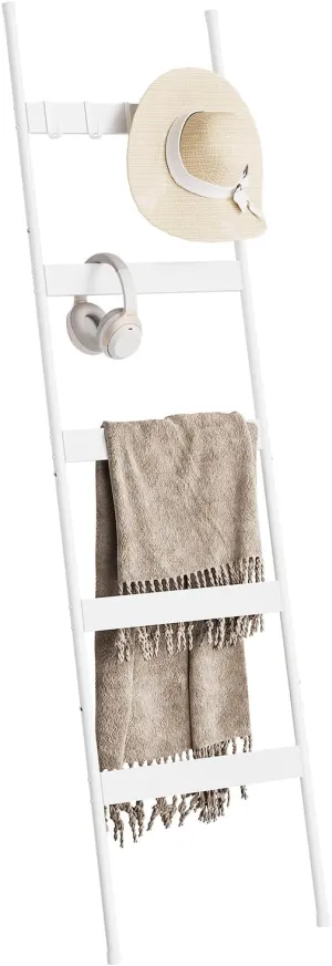 ELYKEN Blanket Ladder for Living Room, Farmhouse 5 -Tier Quilt Holder with 4 Removable Hooks for Bathroom, Wood Towel Rack Display, Wall Anchor Leaning Decorative Stand for Home Decor, White