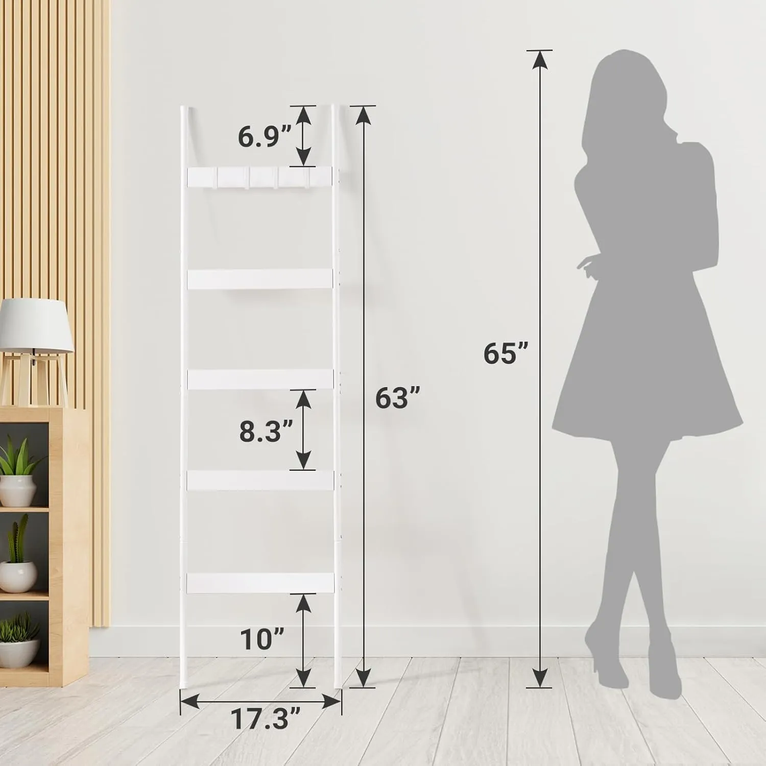 ELYKEN Blanket Ladder for Living Room, Farmhouse 5 -Tier Quilt Holder with 4 Removable Hooks for Bathroom, Wood Towel Rack Display, Wall Anchor Leaning Decorative Stand for Home Decor, White