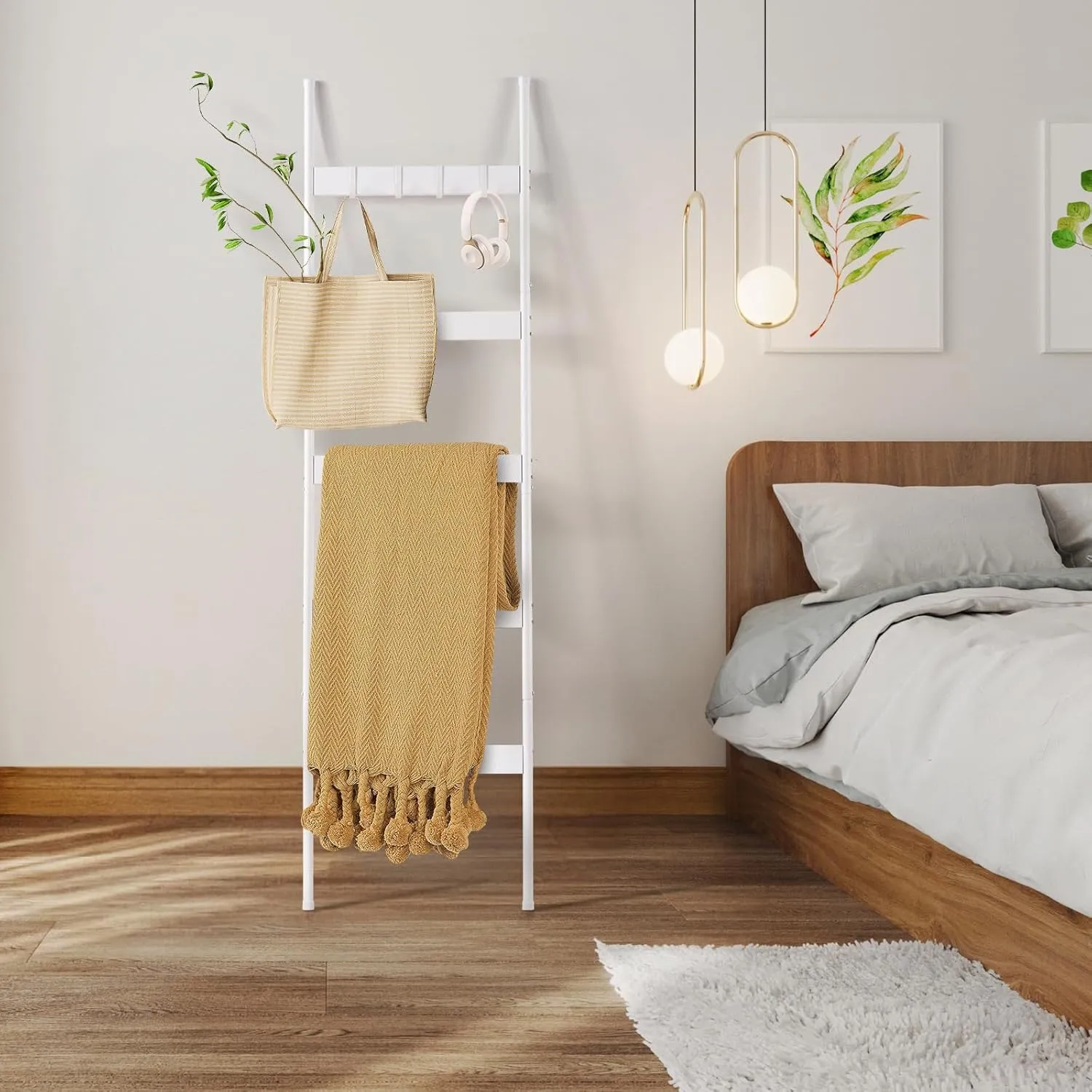 ELYKEN Blanket Ladder for Living Room, Farmhouse 5 -Tier Quilt Holder with 4 Removable Hooks for Bathroom, Wood Towel Rack Display, Wall Anchor Leaning Decorative Stand for Home Decor, White