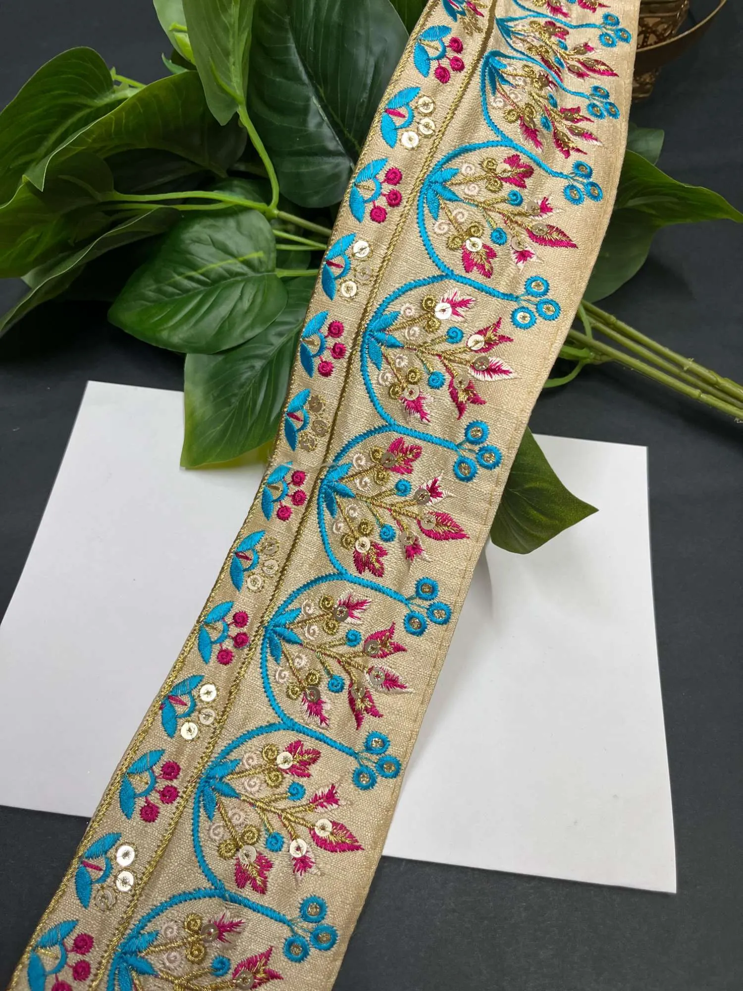 Embroidered Fabric DIY Crafting Lace Trim – 9 Meters, 3-Inch Indian Decorative Sewing Border for Ethnic Wear & Projects | Beige
