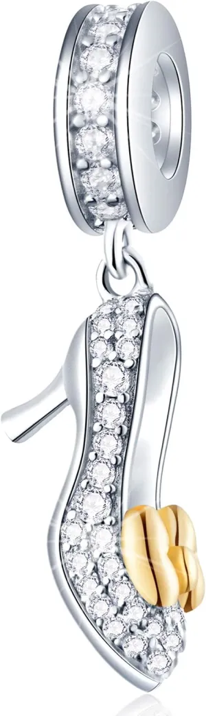 EMOSTAR Sparkling High Heel Shoe with Bowknot Pendant, Heart with Music Notes Dangle Guitar Charms, Badminton Tennis Racket Sports Beads in 925 Sterling Silver, fits Music Lover/European DIY Bracelet