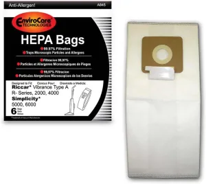 EnviroCare Replacement HEPA Filtration Vacuum Cleaner Dust Bags made to fit Riccar Vibrance Type A R-Series, 2000, 4000, Simplicity 5000, 6000 6 Pack