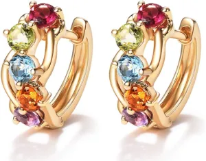 FANCIME Mothers Day Gifts 14K Solid Yellow Gold Multi Colored Gemstones Hinged Huggie Small Hoop Earrings Dainty Delicate Fine Jewelry For Women