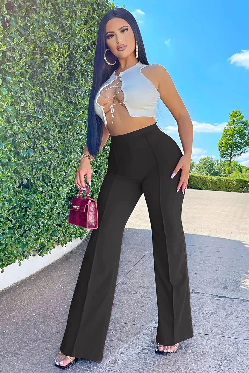 FANCYINN Womens Casual Bootcut Ease Into Pants Stretchy Bell Bottom Flare Palazzo with Tummy Control Trousers