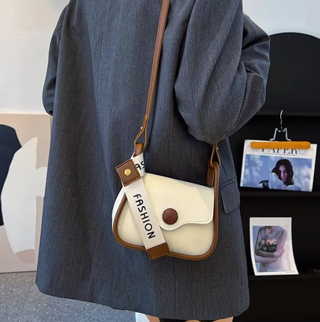 Fashion Crossbody Bag with Contrast Strap, Faux Leather, Cream and Brown