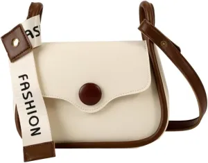 Fashion Crossbody Bag with Contrast Strap, Faux Leather, Cream and Brown