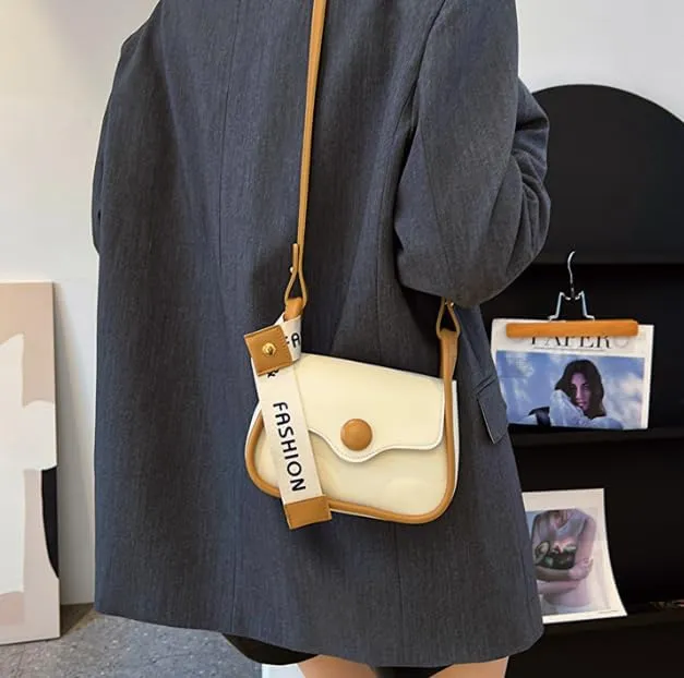 Fashion Crossbody Bag with Contrast Strap, Faux Leather, Cream and Brown
