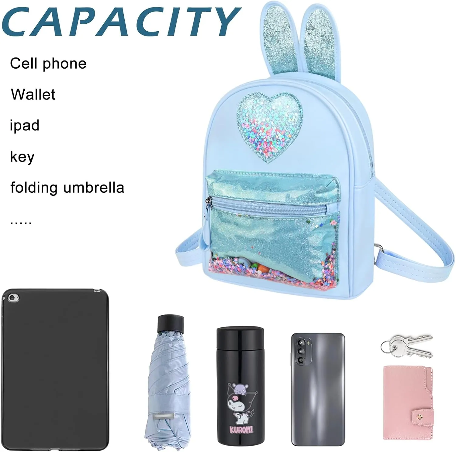 Fashion Cutest Cartoon Toddler Sequin heart Mouse Ears PU Bag Mini Travelling School Shoulder Backpack for Teen Little Girl Women (blue01)