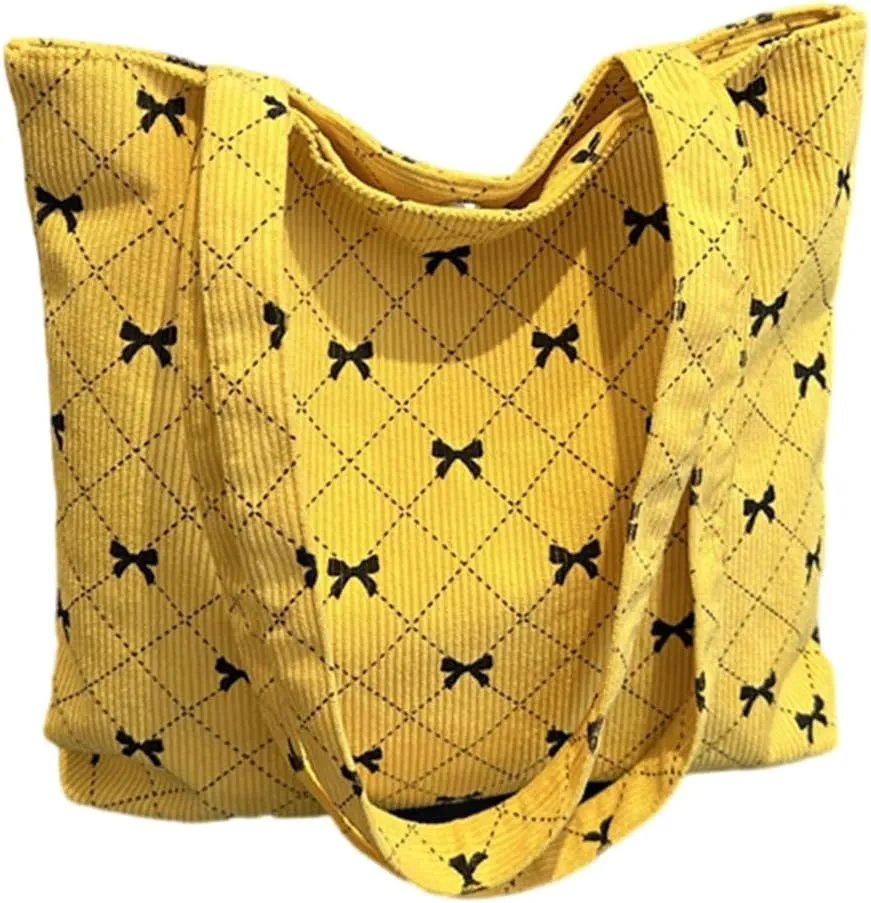 Fashionable Corduroy Handbag with Large Storage Stylish Bowknot Pattern Shoulder Bag for Ladies Work and Travel