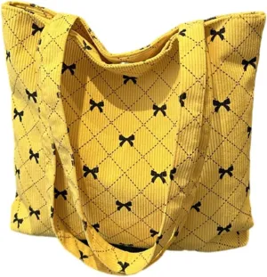 Fashionable Corduroy Handbag with Large Storage Stylish Bowknot Pattern Shoulder Bag for Ladies Work and Travel