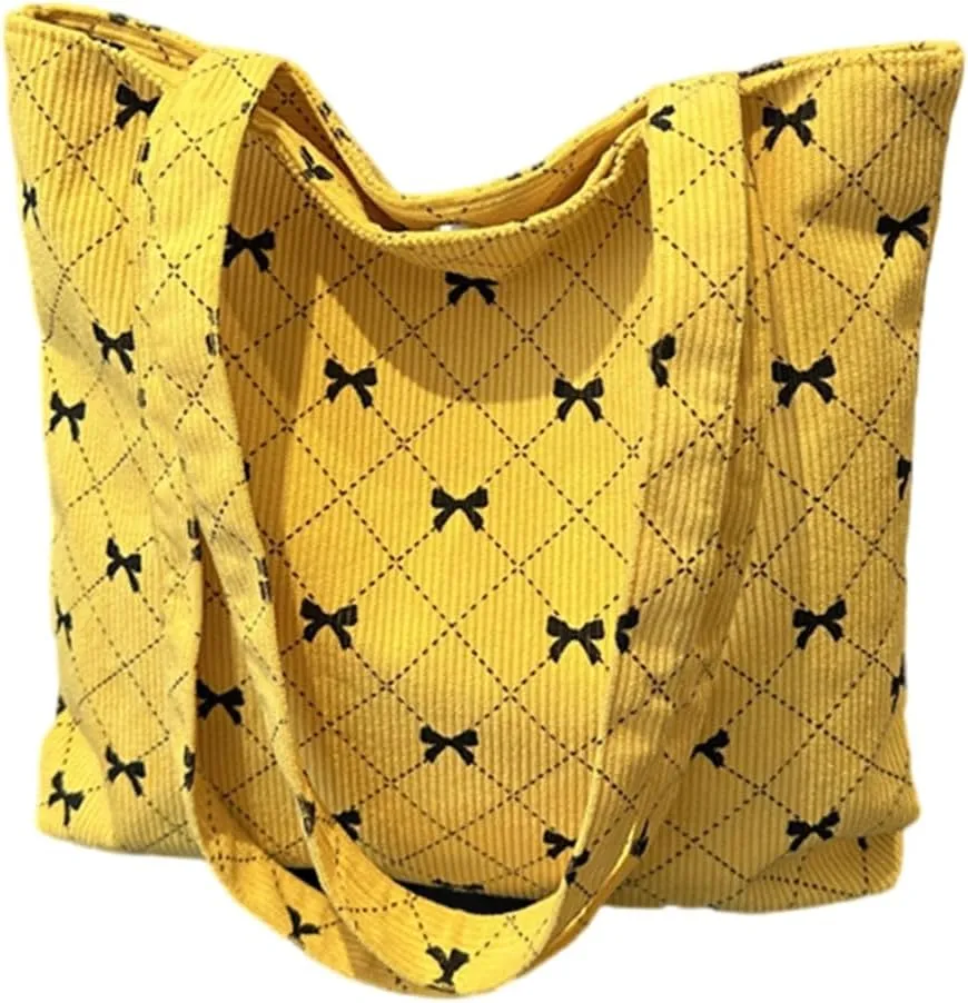 Fashionable Corduroy Handbag with Large Storage Stylish Bowknot Pattern Shoulder Bag for Ladies Work and Travel