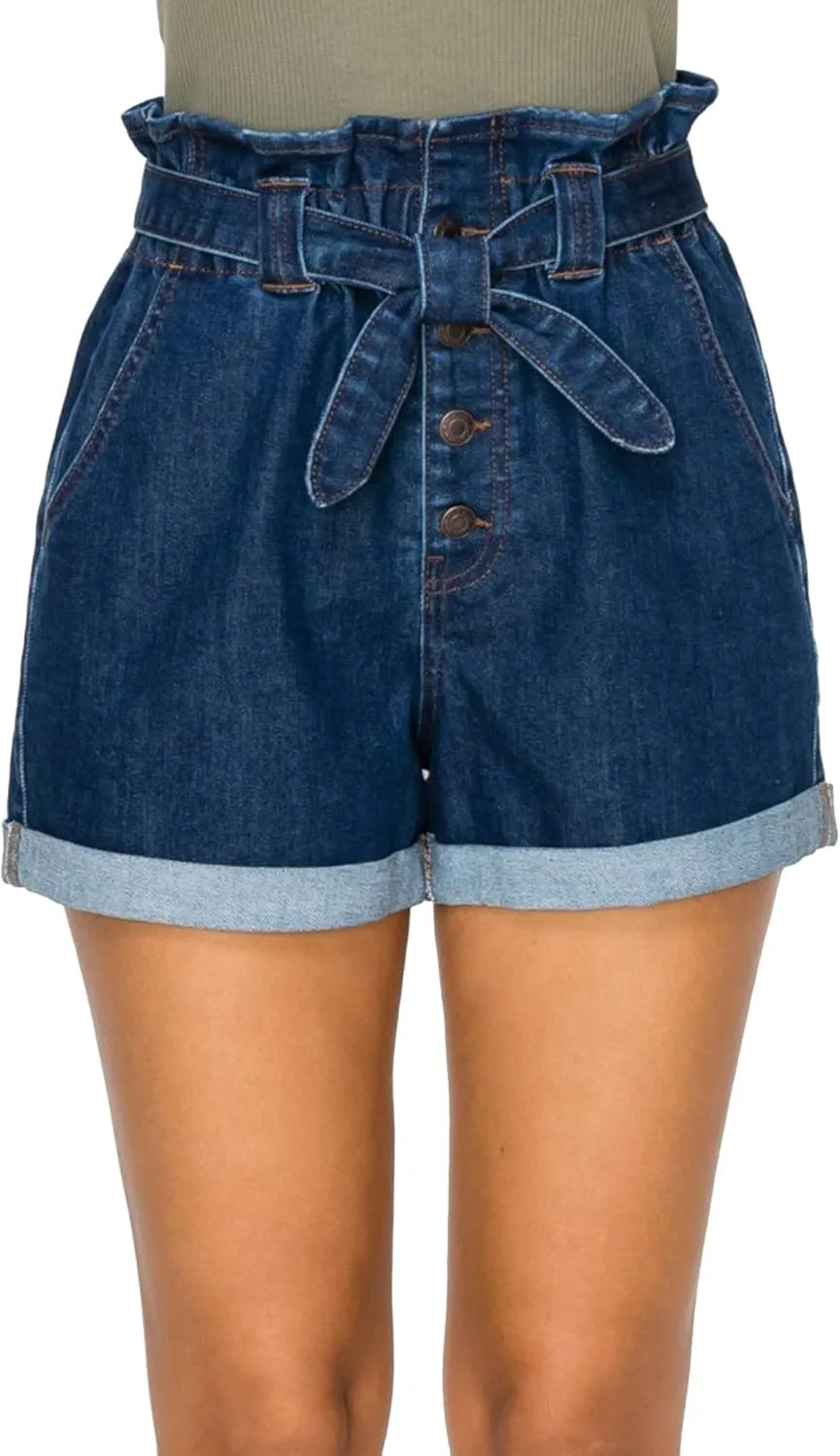 FashionMille Women's Casual High Waisted Rolled Denim Paper Bag Bowknot Waist Jean Shorts
