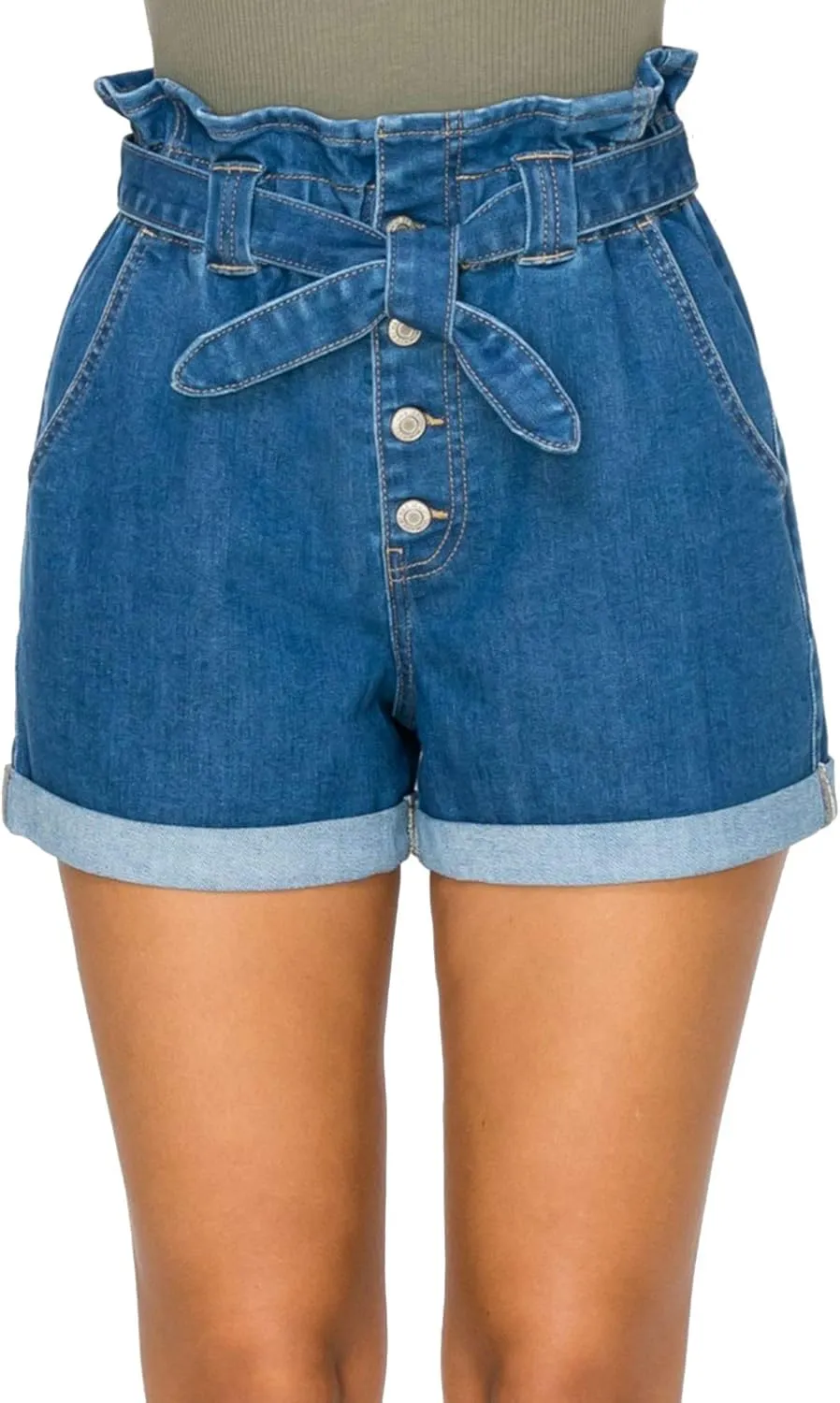 FashionMille Women's Casual High Waisted Rolled Denim Paper Bag Bowknot Waist Jean Shorts