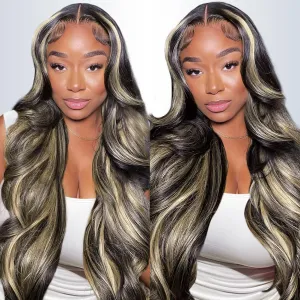 FB/27 28 Inch Highlight Balayage Lace Front Wig Human Hair 13x4 HD Lace Frontal Wigs Human Hair Body Wave Wig 200% Density Ombre Glueless Wigs Human Hair Pre Plucked with Baby Hair for Women