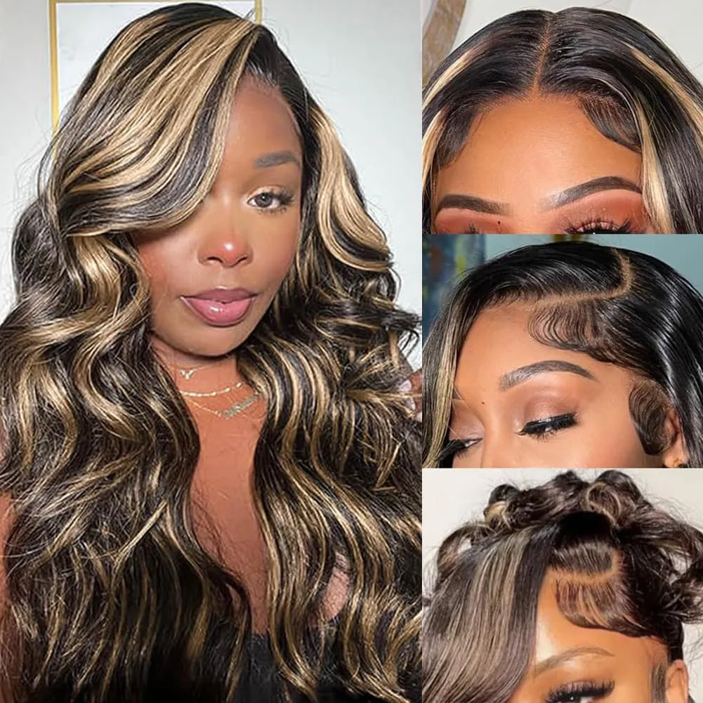 FB/27 28 Inch Highlight Balayage Lace Front Wig Human Hair 13x4 HD Lace Frontal Wigs Human Hair Body Wave Wig 200% Density Ombre Glueless Wigs Human Hair Pre Plucked with Baby Hair for Women
