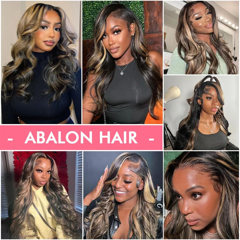 FB/27 28 Inch Highlight Balayage Lace Front Wig Human Hair 13x4 HD Lace Frontal Wigs Human Hair Body Wave Wig 200% Density Ombre Glueless Wigs Human Hair Pre Plucked with Baby Hair for Women