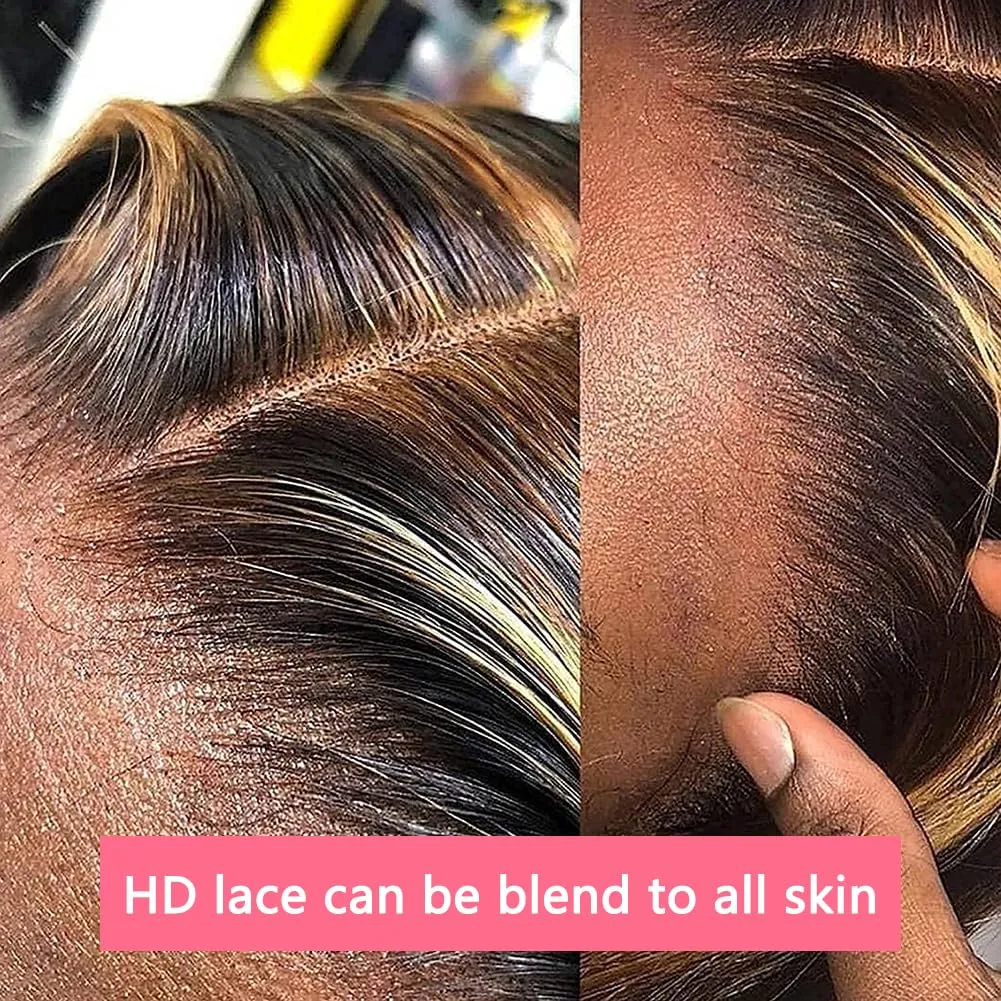 FB/27 28 Inch Highlight Balayage Lace Front Wig Human Hair 13x4 HD Lace Frontal Wigs Human Hair Body Wave Wig 200% Density Ombre Glueless Wigs Human Hair Pre Plucked with Baby Hair for Women