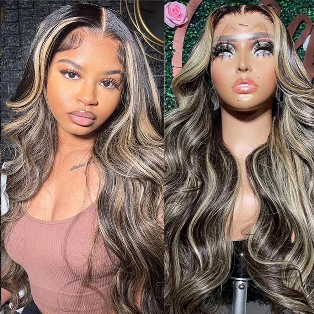 FB/27 28 Inch Highlight Balayage Lace Front Wig Human Hair 13x4 HD Lace Frontal Wigs Human Hair Body Wave Wig 200% Density Ombre Glueless Wigs Human Hair Pre Plucked with Baby Hair for Women