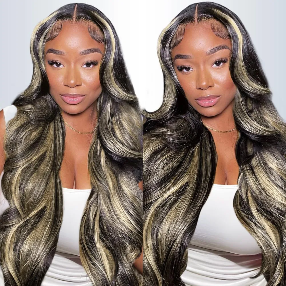 FB/27 28 Inch Highlight Balayage Lace Front Wig Human Hair 13x4 HD Lace Frontal Wigs Human Hair Body Wave Wig 200% Density Ombre Glueless Wigs Human Hair Pre Plucked with Baby Hair for Women