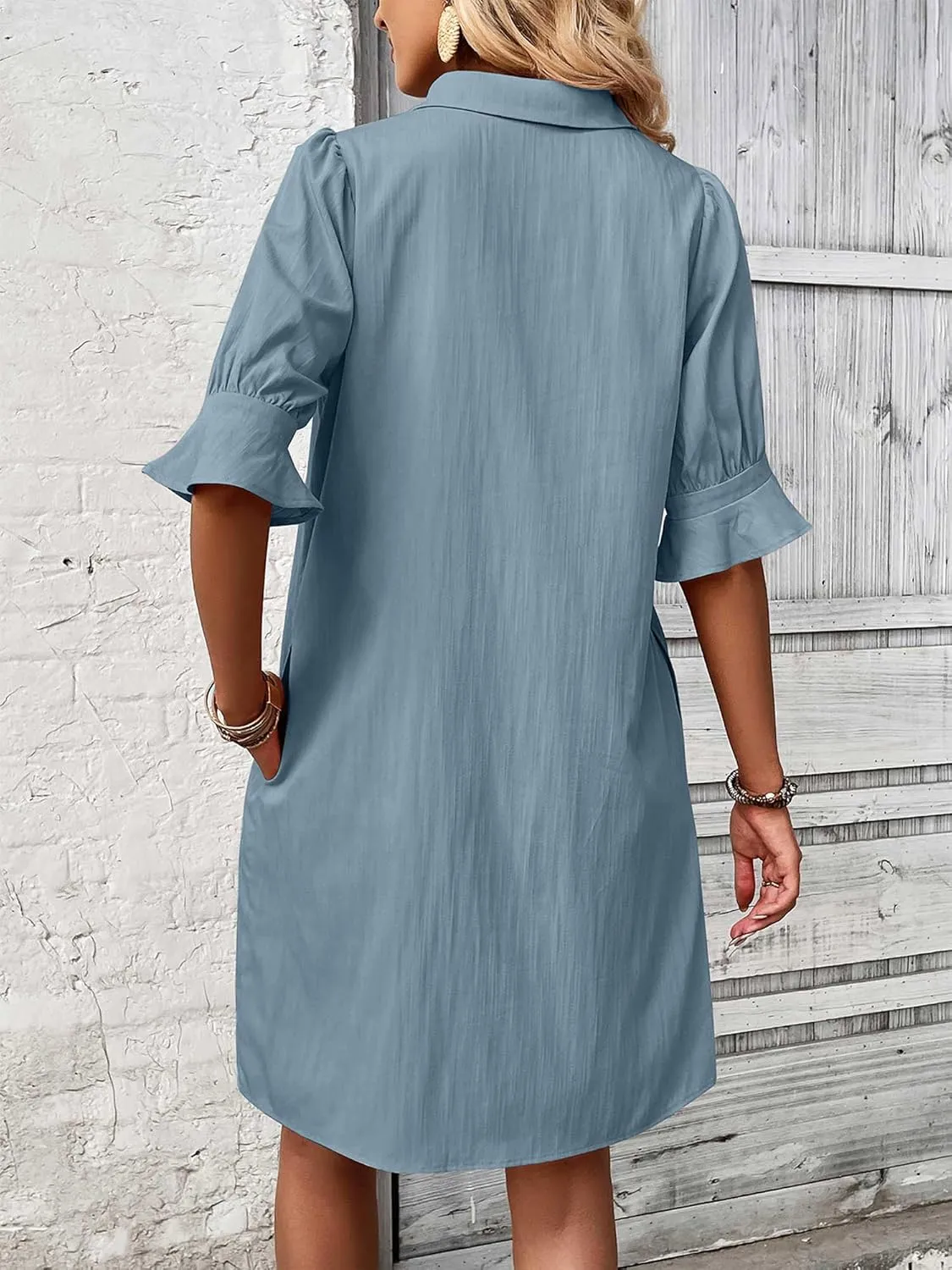 FENSACE Womens Casual Shirt Dress Ruffle Sleeve Solid Color Button Down Shift Summer Dresses with Pockets