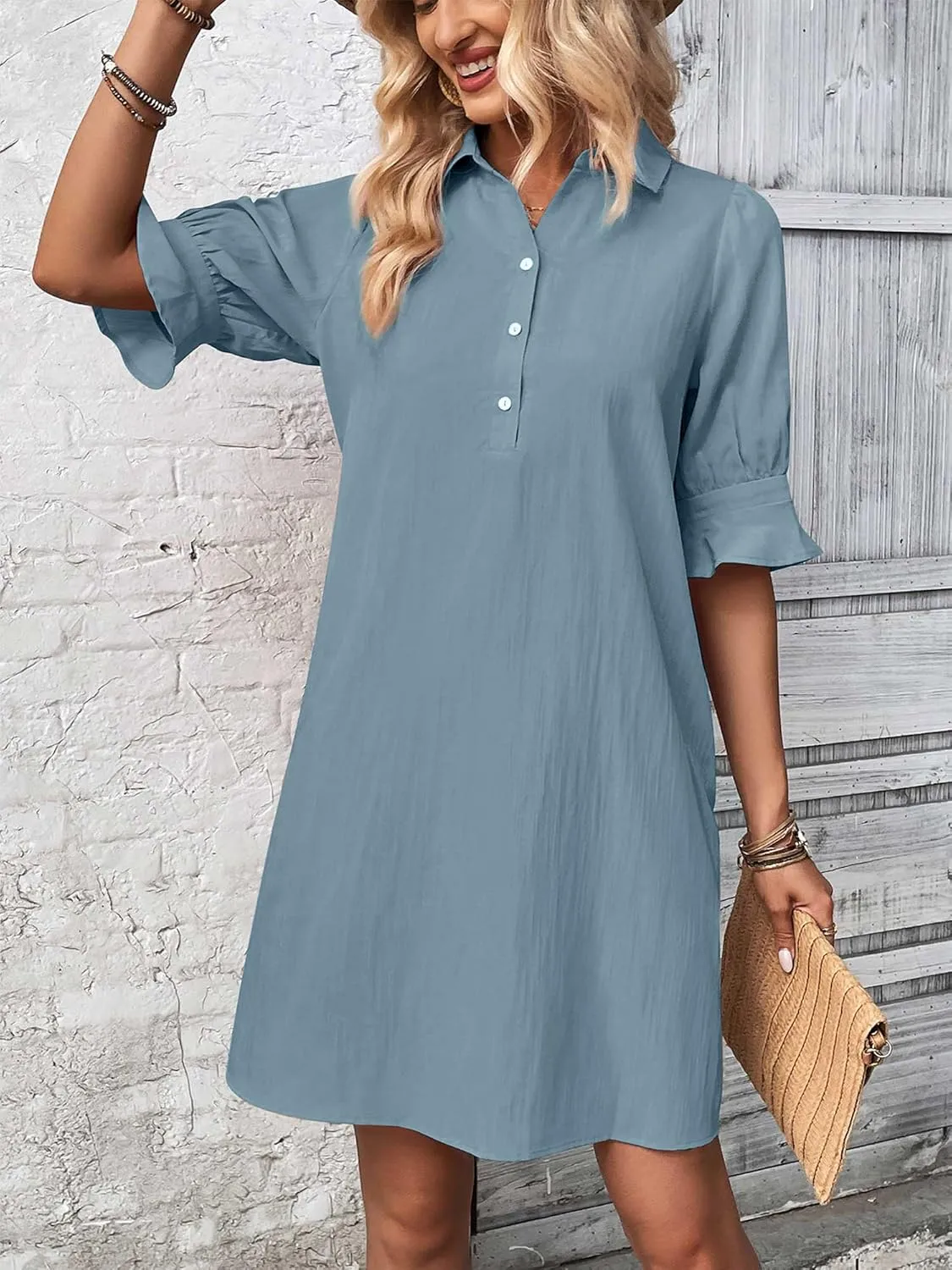 FENSACE Womens Casual Shirt Dress Ruffle Sleeve Solid Color Button Down Shift Summer Dresses with Pockets