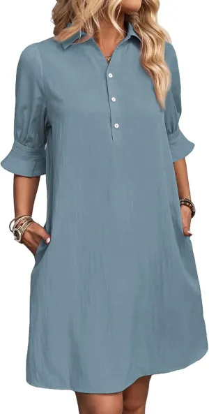 FENSACE Womens Casual Shirt Dress Ruffle Sleeve Solid Color Button Down Shift Summer Dresses with Pockets