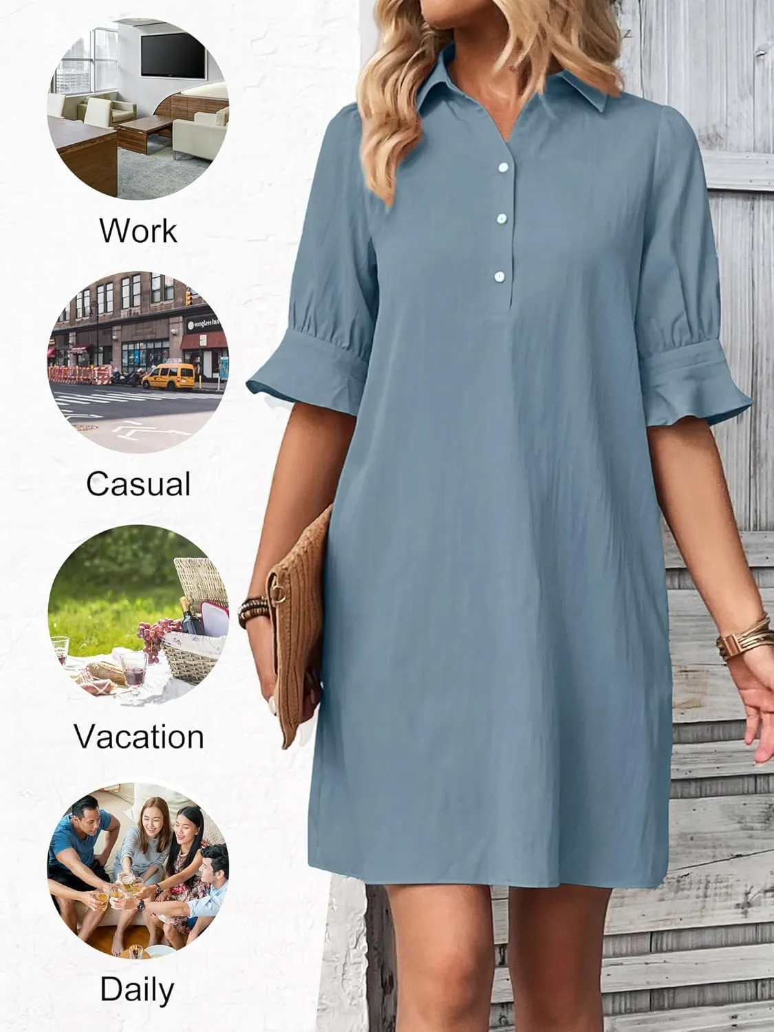 FENSACE Womens Casual Shirt Dress Ruffle Sleeve Solid Color Button Down Shift Summer Dresses with Pockets