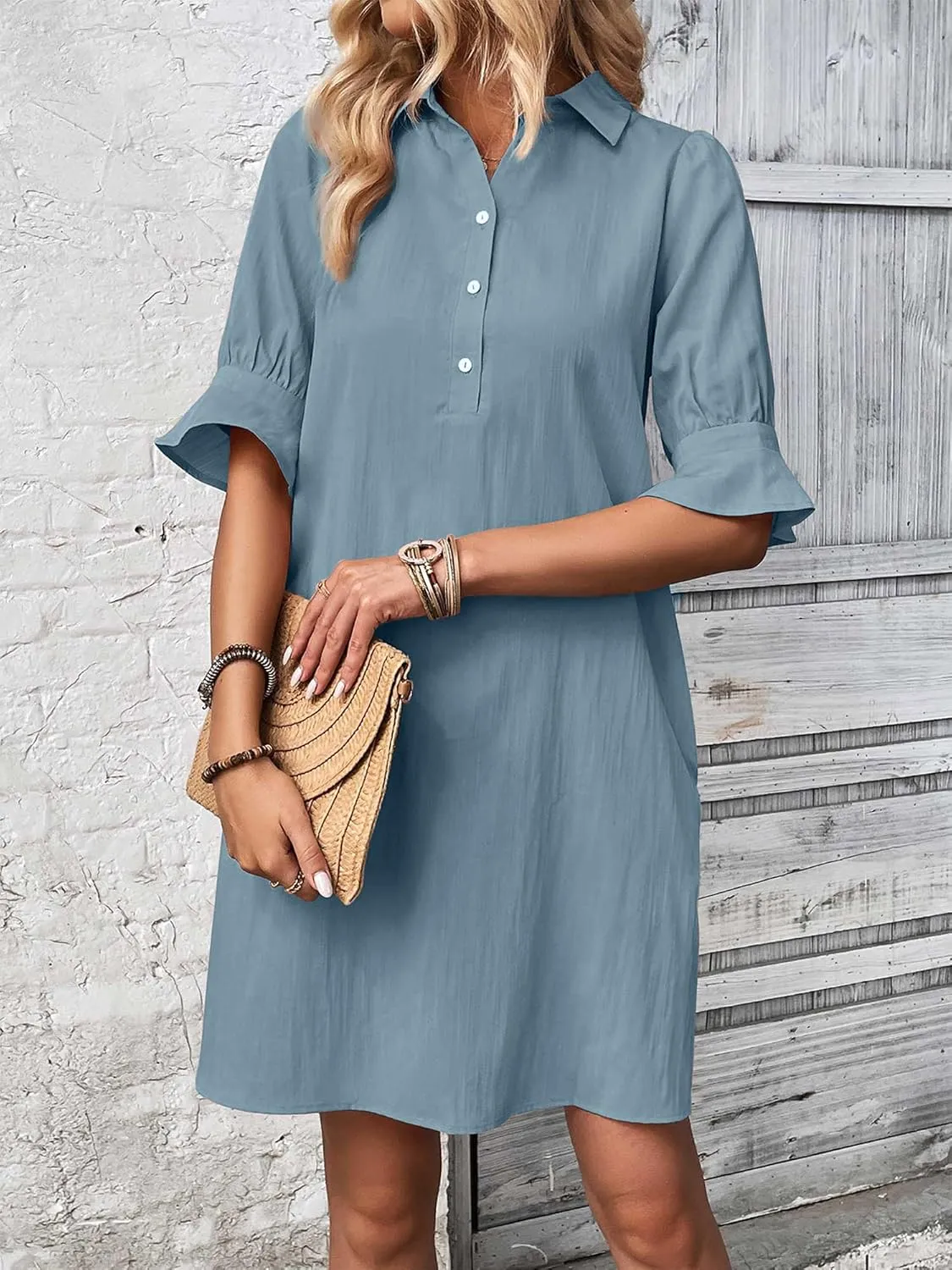 FENSACE Womens Casual Shirt Dress Ruffle Sleeve Solid Color Button Down Shift Summer Dresses with Pockets