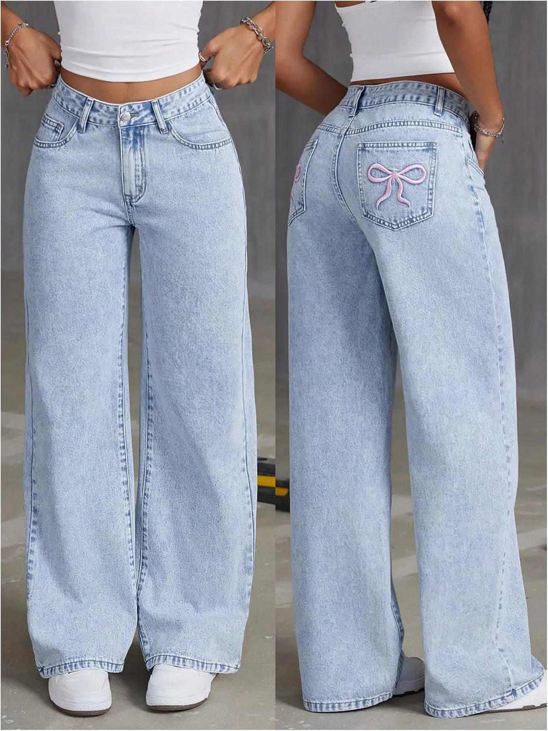 Floerns Women's Bowknot Embroidery Jeans Y2k Straight Leg Boyfriend Denim Pants