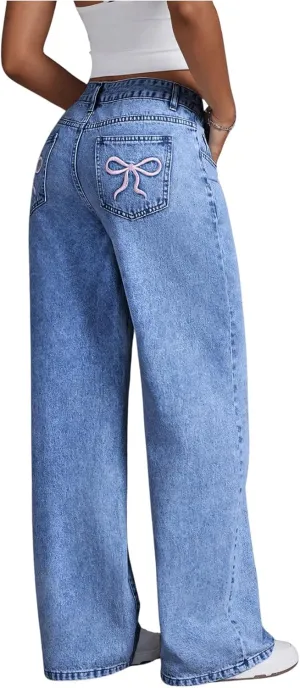 Floerns Women's Bowknot Embroidery Jeans Y2k Straight Leg Boyfriend Denim Pants