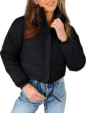 Flygo Women Cropped Puffer Jacket Winter Long Sleeve Quilted Puffy Bubble Padded Short Coats with Drawstring