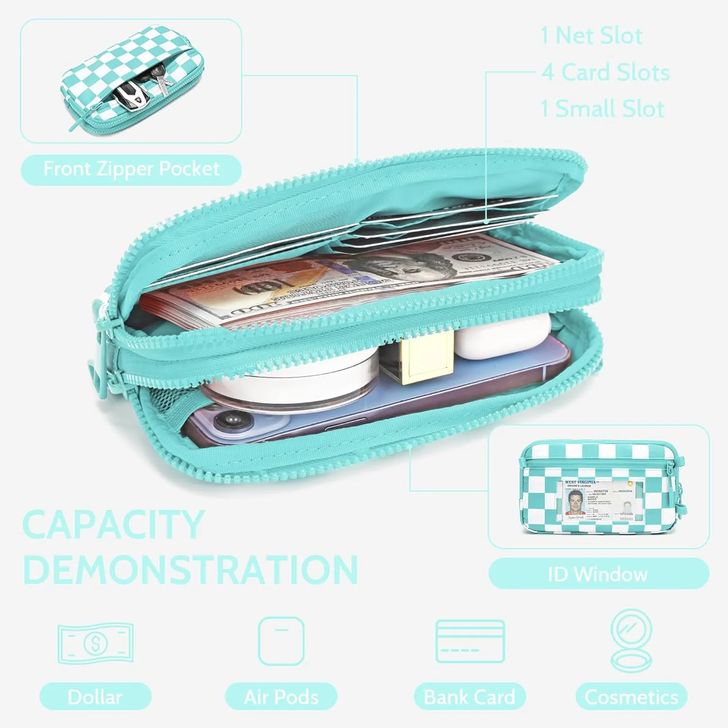 FODOKO Wristlet wallets for women Nylon Quilted Wallet with 4 Zippers,Travel Credit Card,Holder Cell Phone Organizer,coin purse