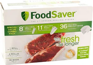 FoodSaver Special Value Vacuum Seal Combo Pack 1-8"Roll; 4-11"Rolls; 36 Pre-Cut Bags