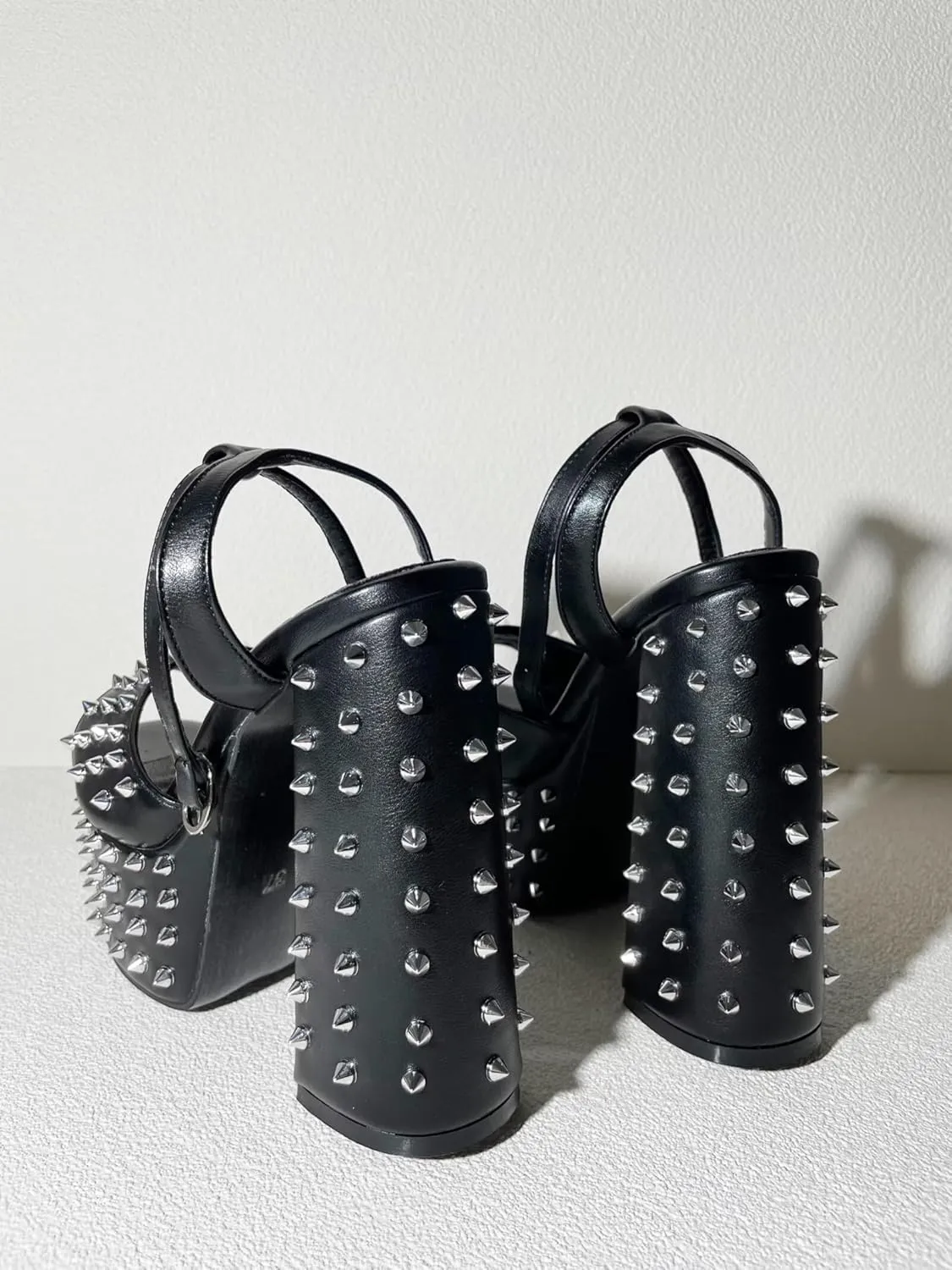 Frankie Hsu Goth Black Platform Chunky High Heel Sandal, Large Big Size Metal Rivet Block High Heeled Ankle Strap Sandal Shoes for Women