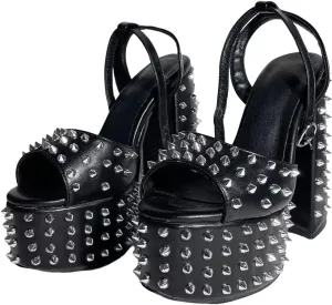 Frankie Hsu Goth Black Platform Chunky High Heel Sandal, Large Big Size Metal Rivet Block High Heeled Ankle Strap Sandal Shoes for Women