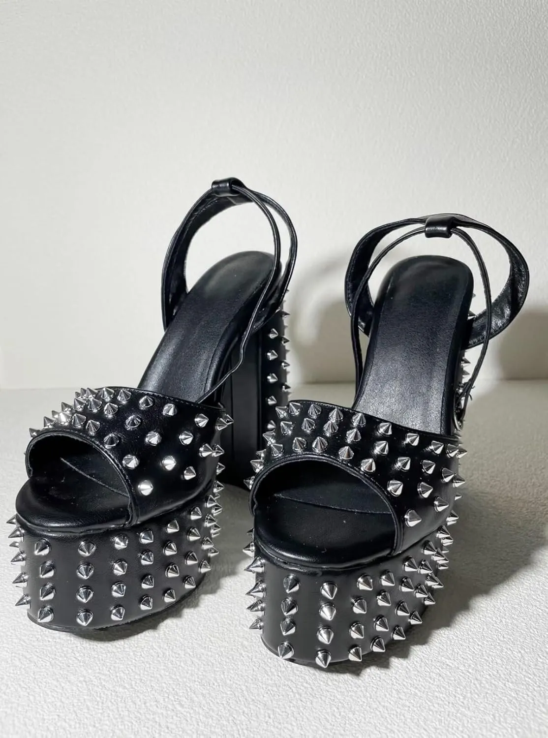 Frankie Hsu Goth Black Platform Chunky High Heel Sandal, Large Big Size Metal Rivet Block High Heeled Ankle Strap Sandal Shoes for Women