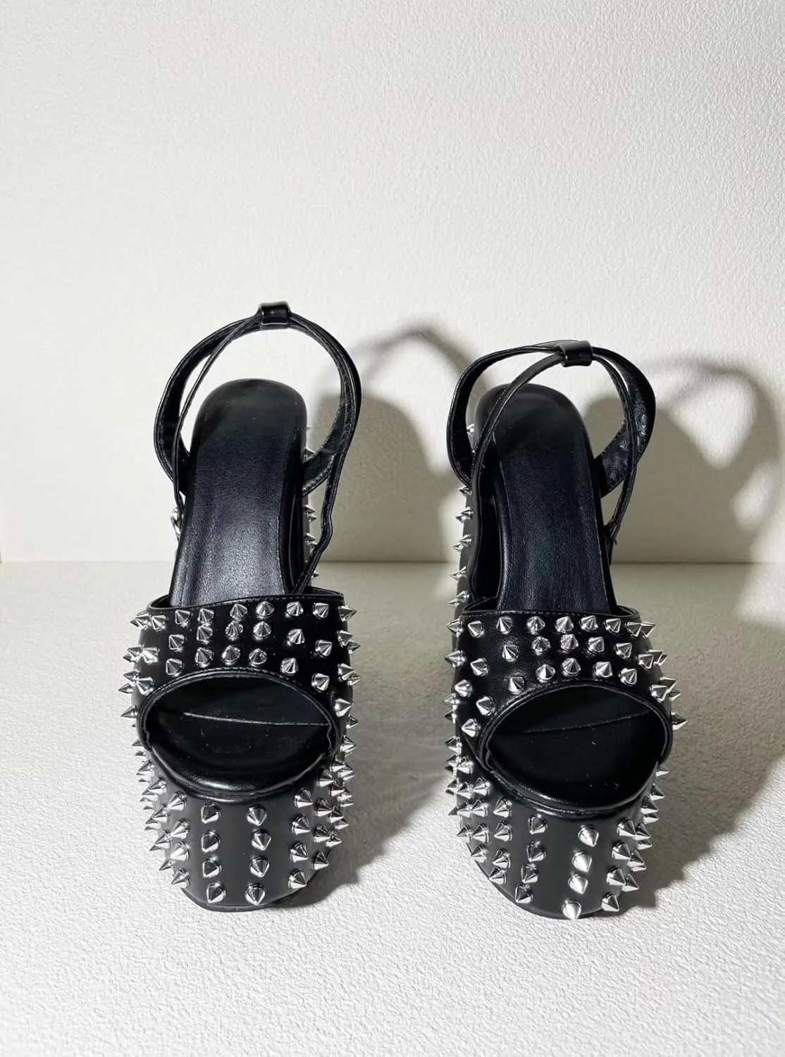 Frankie Hsu Goth Black Platform Chunky High Heel Sandal, Large Big Size Metal Rivet Block High Heeled Ankle Strap Sandal Shoes for Women