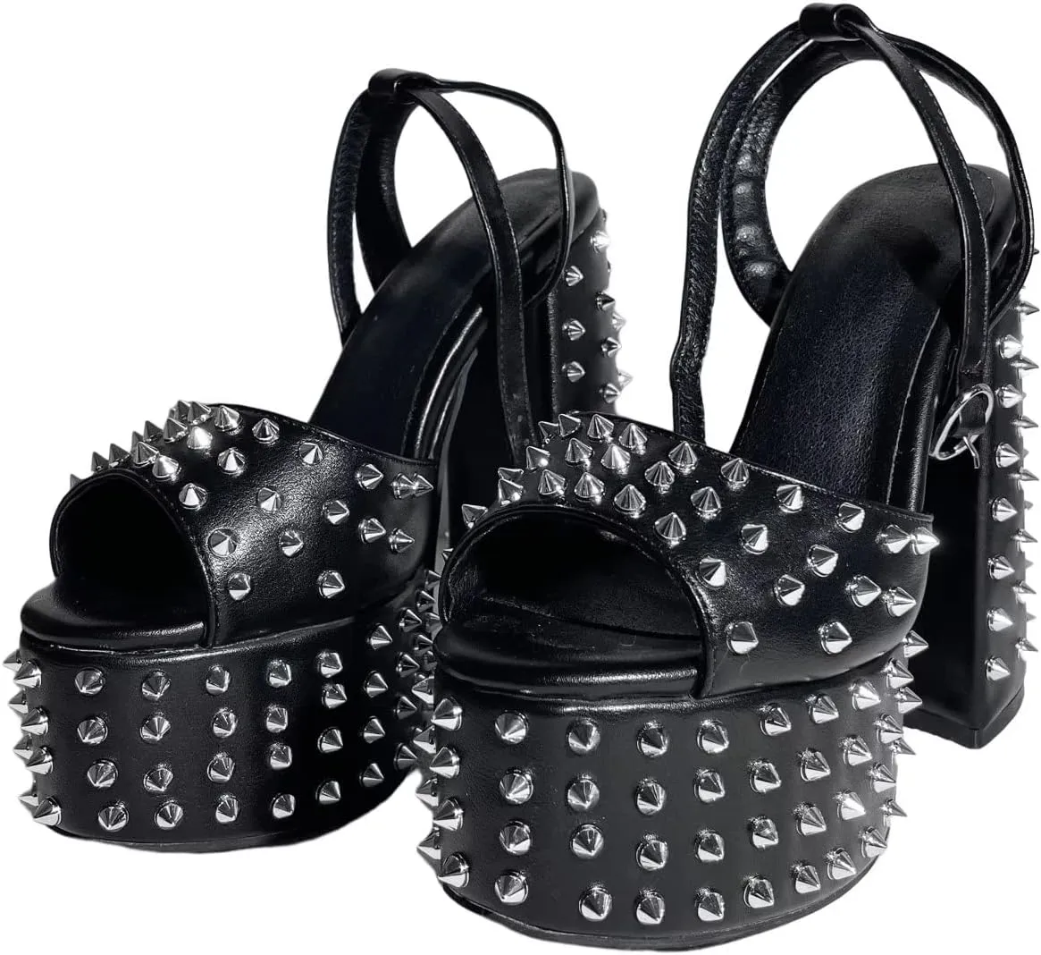 Frankie Hsu Goth Black Platform Chunky High Heel Sandal, Large Big Size Metal Rivet Block High Heeled Ankle Strap Sandal Shoes for Women