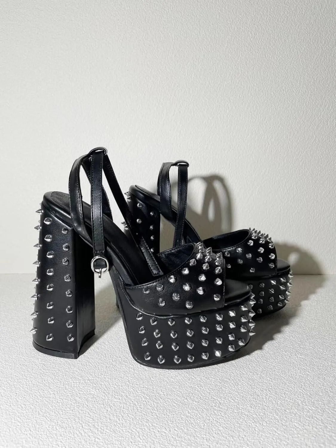 Frankie Hsu Goth Black Platform Chunky High Heel Sandal, Large Big Size Metal Rivet Block High Heeled Ankle Strap Sandal Shoes for Women
