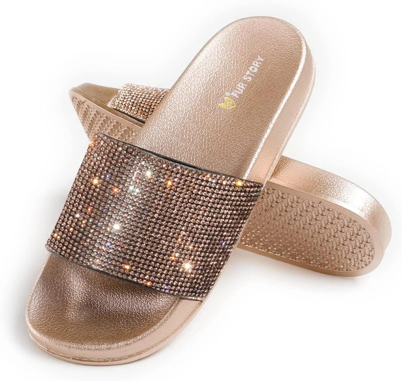 Fur Story Womens Slides House Slippers Rhinestone Glitter Slides Cute bling Flat for Women Platform Sandals Cozy Bedroom Slippers Shower Shoes