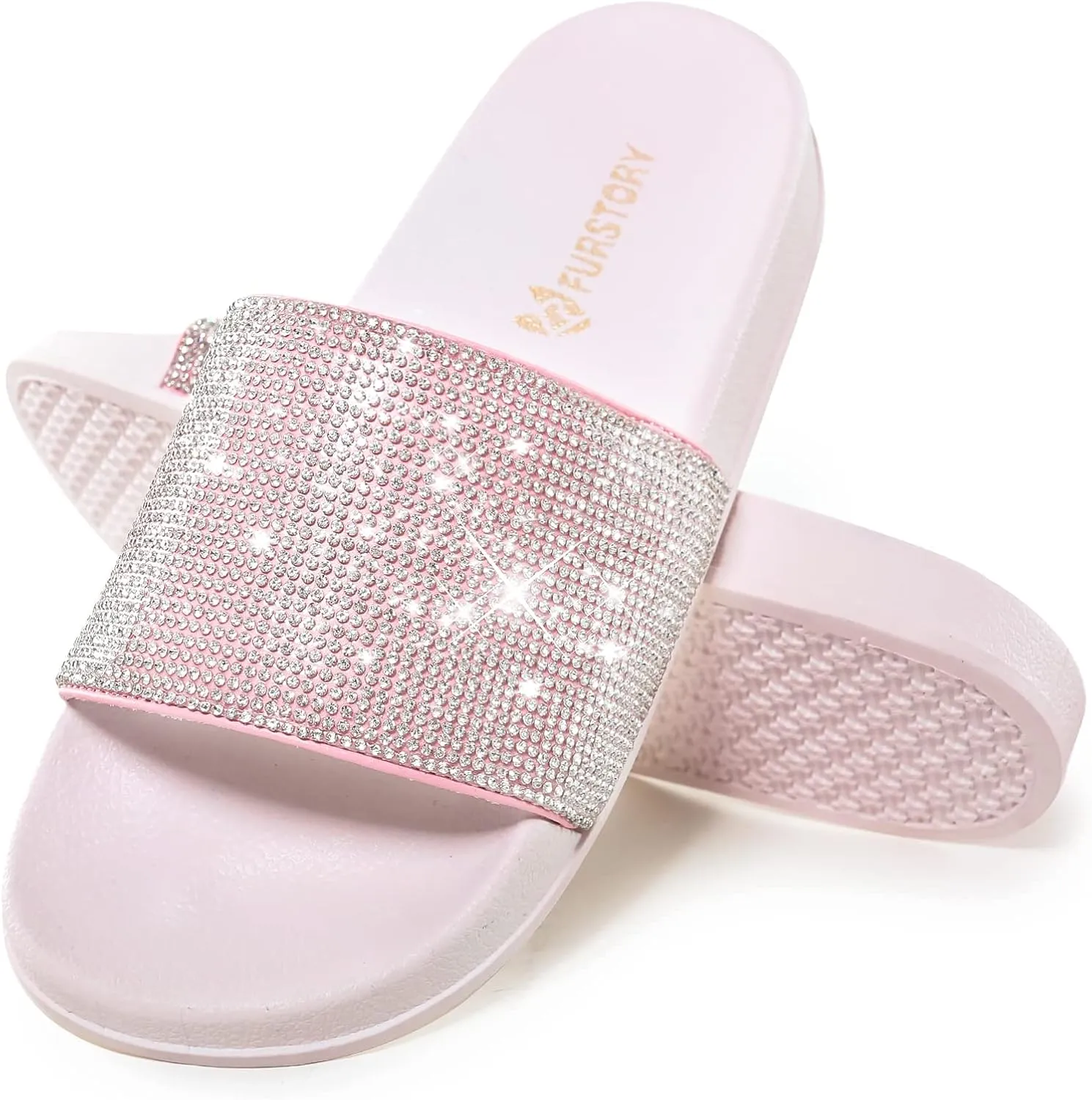Fur Story Womens Slides House Slippers Rhinestone Glitter Slides Cute bling Flat for Women Platform Sandals Cozy Bedroom Slippers Shower Shoes