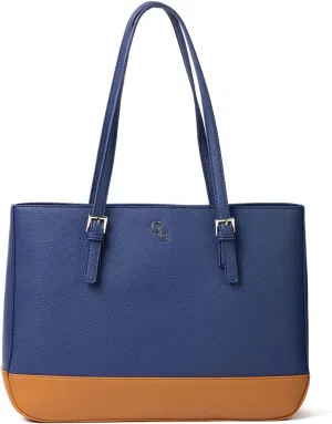 GALWAY Irish Crystal Handbags - Large Two Tone Tote Bag, 15”L x 4.7”W x 11”H, Navy/Brown - Luxury Vegan Leather Bag