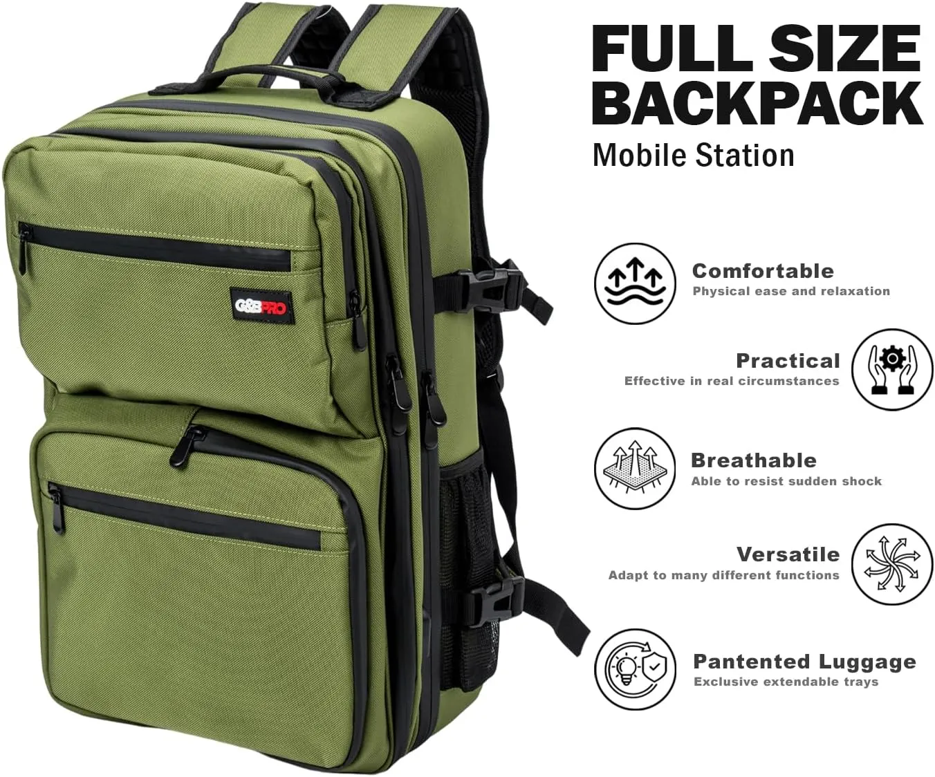 G&BPRO Full Size Backpack with Extending Tray System | All-in-one Mobile Workstation Travel Bag (Cali Green)