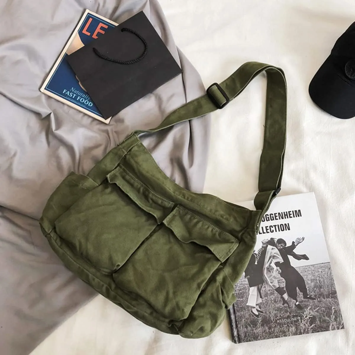 GAXOS Aesthetic Cute Messenger Bag for School Vintage Black Canvas Crossbody for Women Shoulder Laptop Bag