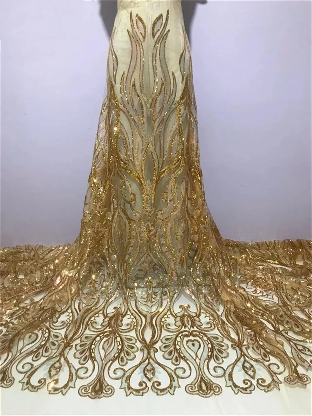 Generic African Sequins Lace Fabric Nigerian French Embroidery Tulle Laces Material for Wedding Dress AP5 5yards