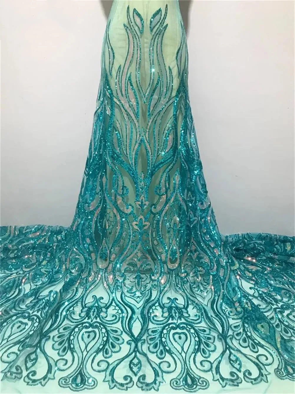 Generic African Sequins Lace Fabric Nigerian French Embroidery Tulle Laces Material for Wedding Dress AP5 5yards