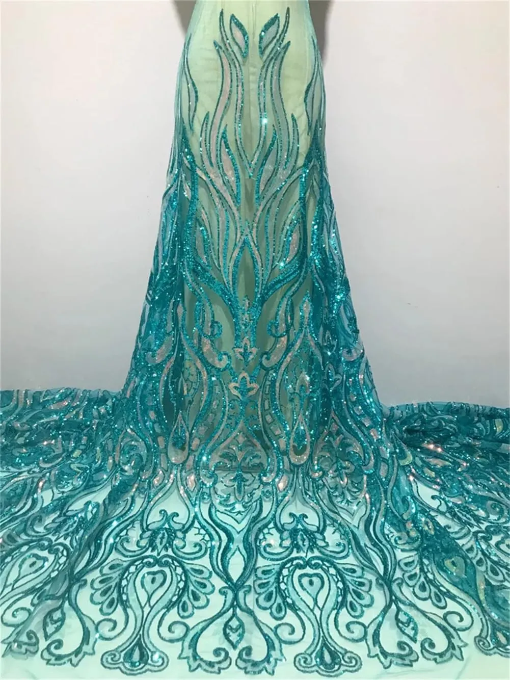Generic African Sequins Lace Fabric Nigerian French Embroidery Tulle Laces Material for Wedding Dress AP5 5yards