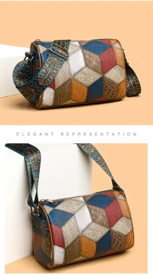 Geometric Patchwork Crossbody Bag, Multi-Color Leather with Decorative Strap, Blue and Brown