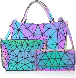 Geometric Purse for Women,Geometric Luminous Crossbody Bags and Holographic wallets Set-3FG